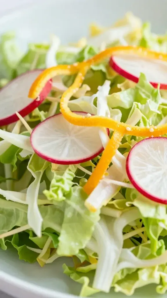 Closeup fresh spring slaw with cabbage, radish, citrus twist