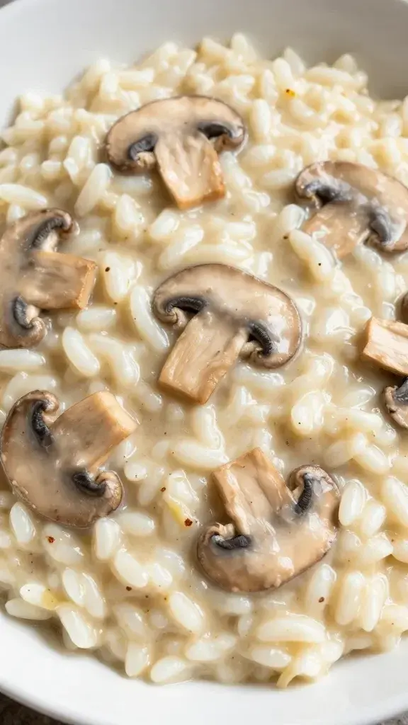 Closeup of creamy spring mushroom risotto in bowl