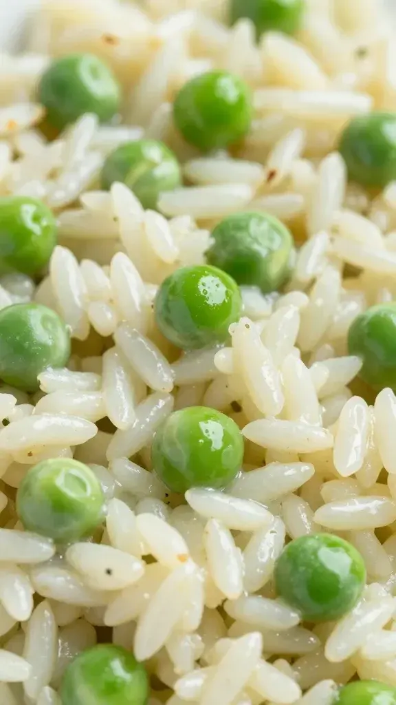 Closeup of bright green peas atop glossy risotto