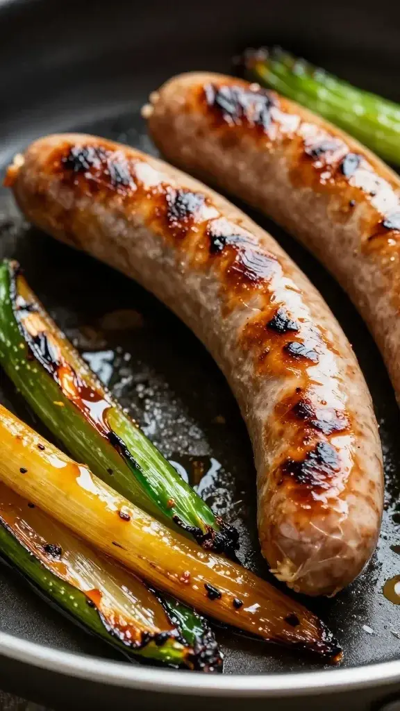 closeup of roasted sausage with caramelized spring vegetables on pan