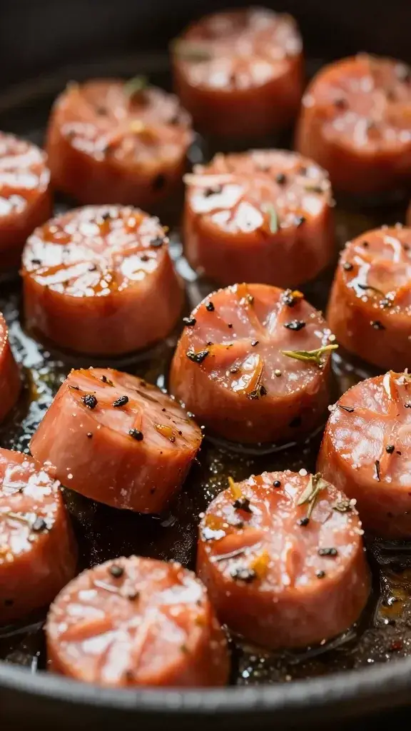 closeup of sizzling sheet-pan sausage slices with herbs garnish