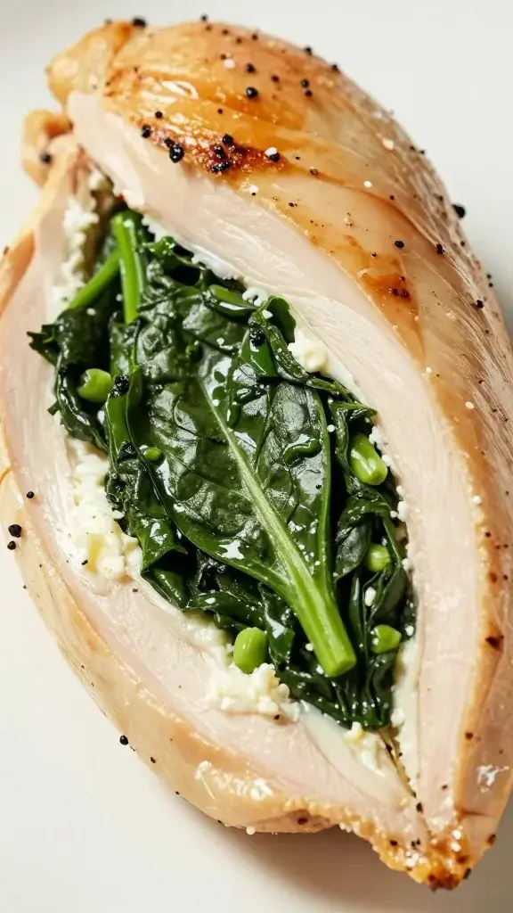 Closeup of a lemon ricotta spinach stuffed chicken breast cross-section