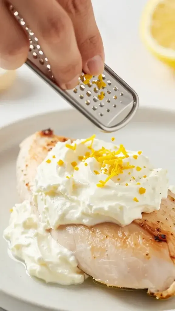 Closeup of a lemon zest being grated over creamy ricotta filling in chicken breast