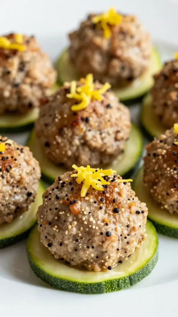 closeup: turkey meatball with zucchini ribbons on plate, bright lemon zest garnish