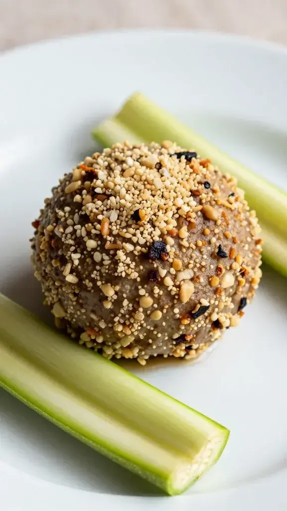 closeup: single spring turkey meatball, crumb coating, zucchini spears, white plate, soft natural light