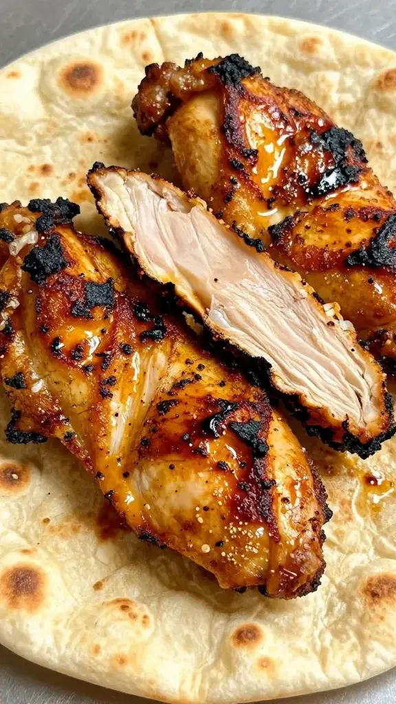 Closeup of sizzling BBQ chicken slice on flatbread with charred edges