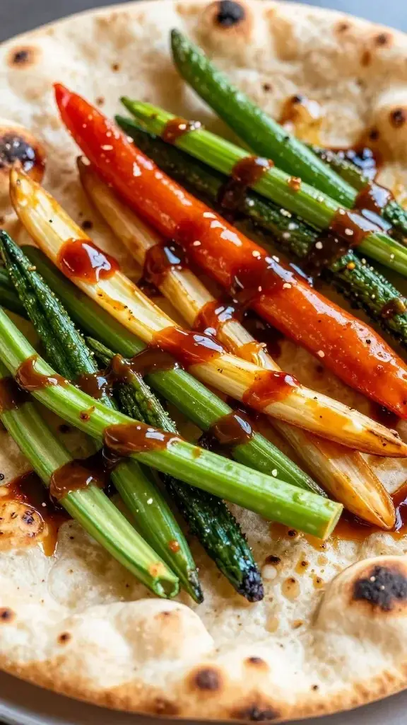 Closeup of vibrant spring veggies arranged atop naan-based flatbread with glossy BBQ glaze