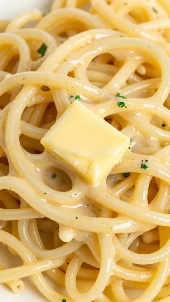 closeup of garlic butter sauce coating spring pasta primavera