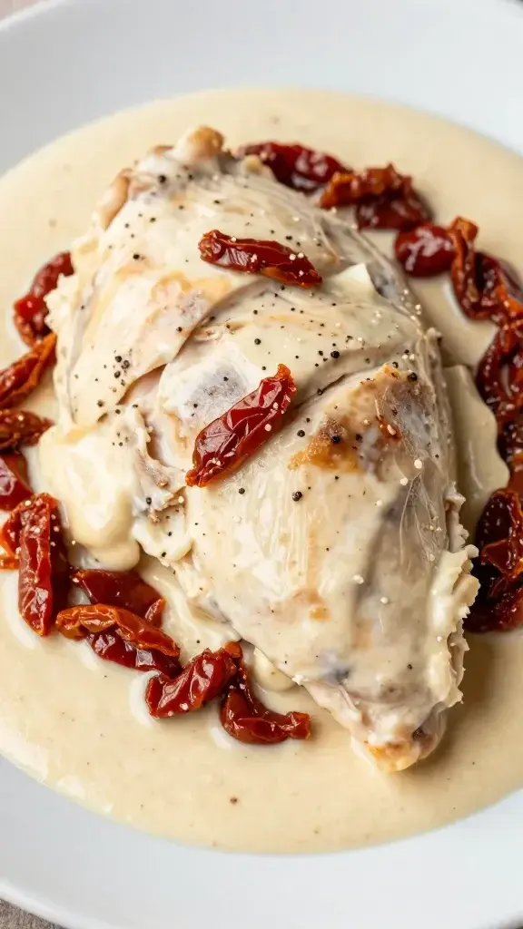 closeup of creamy Tuscan chicken with sun-dried tomato sauce on plate