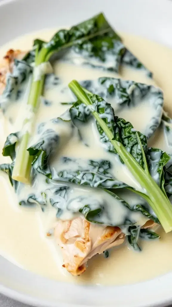 closeup of wilted spring greens folded into creamy sauce on chicken plate