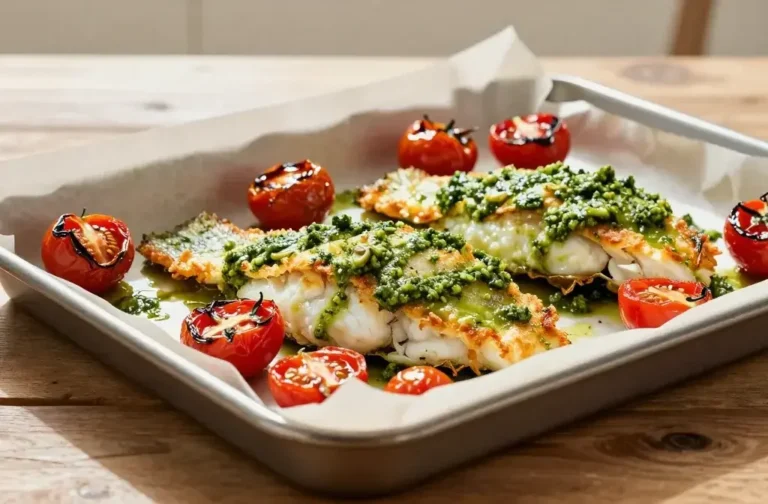 Baked Pesto Cod with Cherry Tomatoes: Sunshine on a Sheet Pan