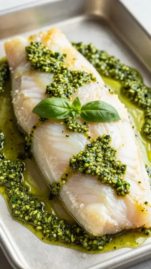 closeup cod fillet with bright pesto on sheet pan