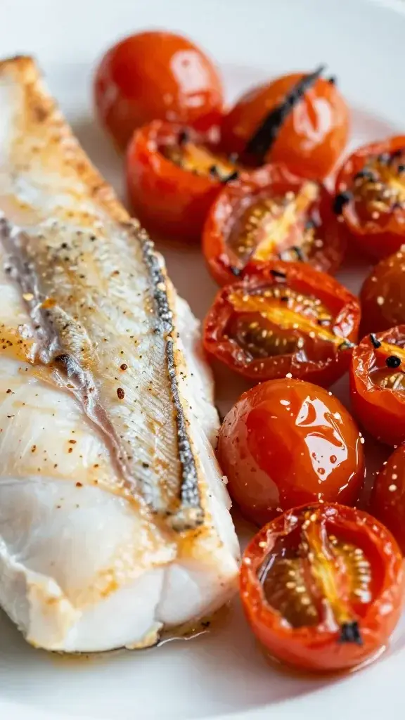closeup roasted cherry tomatoes bursting beside cod fillet