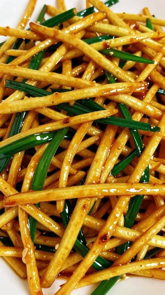 closeup of glossy ginger-soy glaze on crisp stir-fried spring vegetables
