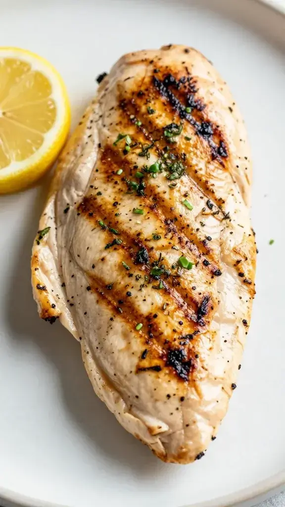 Closeup grilled lemon-herb chicken breast on plate with zest