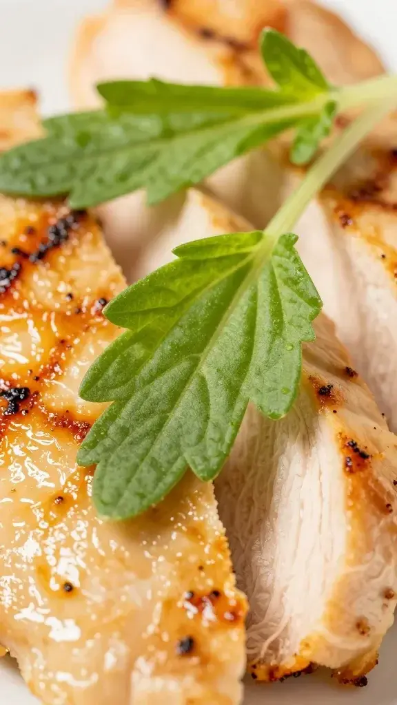 Macro shot of bright herb sprigs beside grilled chicken slice