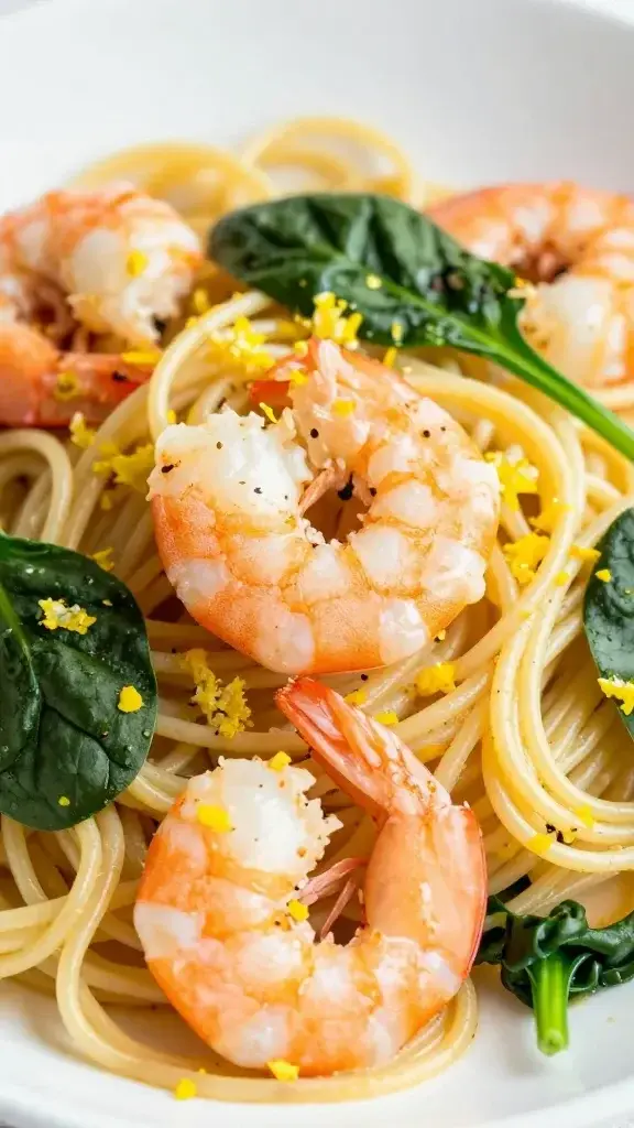 closeup shrimp on lemon zest pasta with spinach garnish