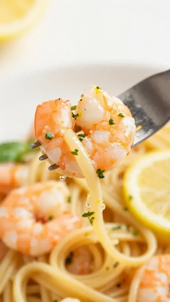 single pasta fork twirled with shrimp and lemon zest closeup