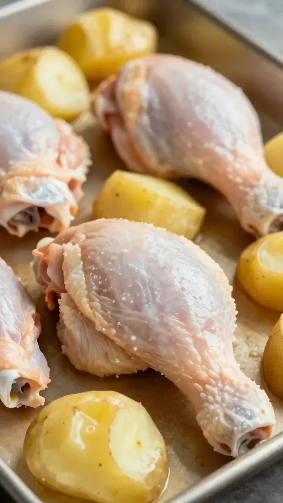 Closeup of spring chicken thigh on sheet pan with potatoes