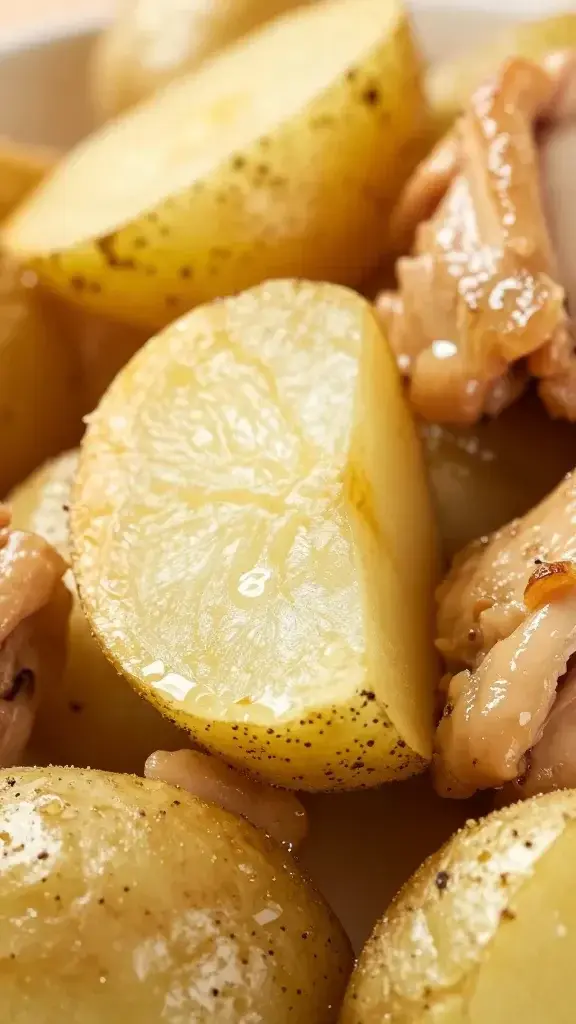 Closeup of crisp potato edge around juicy chicken pieces
