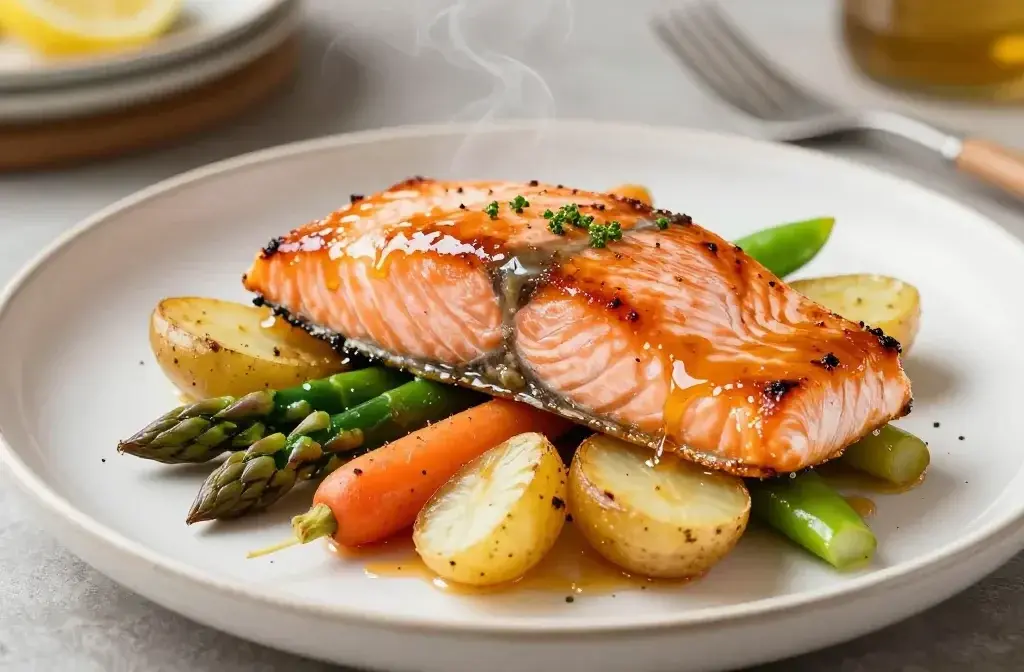 Honey Mustard Salmon with Roasted Spring Veggies: Crispy, Glazed Perfection