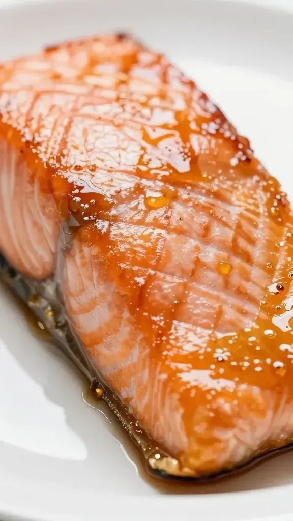 closeup of honey-glazed salmon fillet with glossy coating