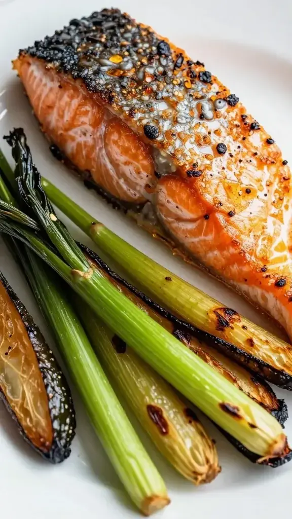 closeup of roasted spring vegetables beside crispy salmon skin