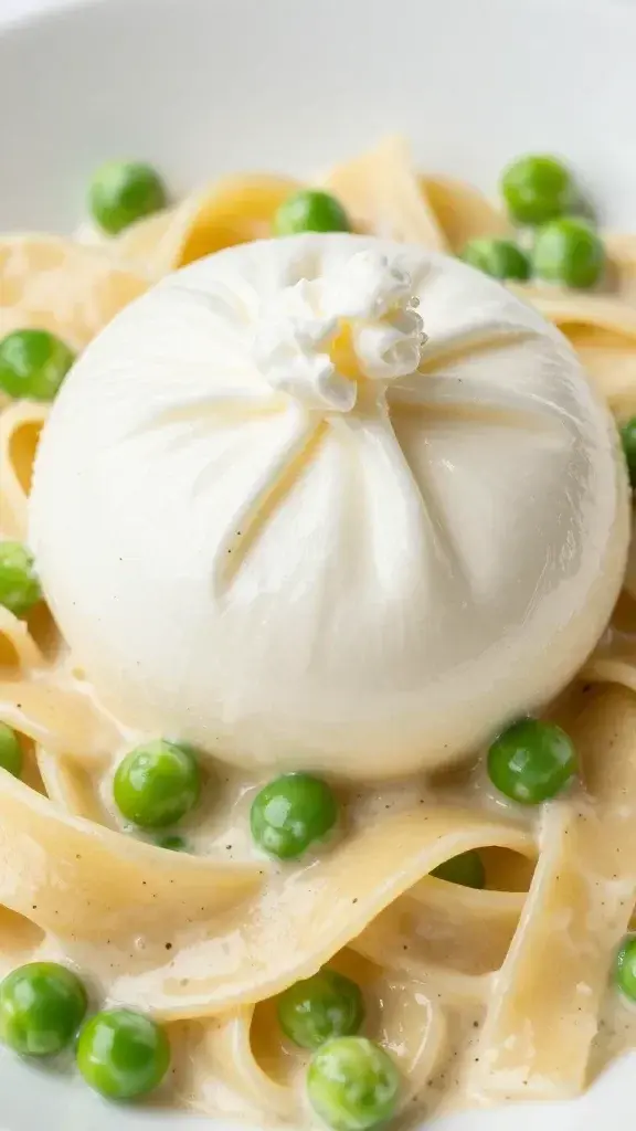 closeup of burrata nestled atop creamy spring pasta with peas