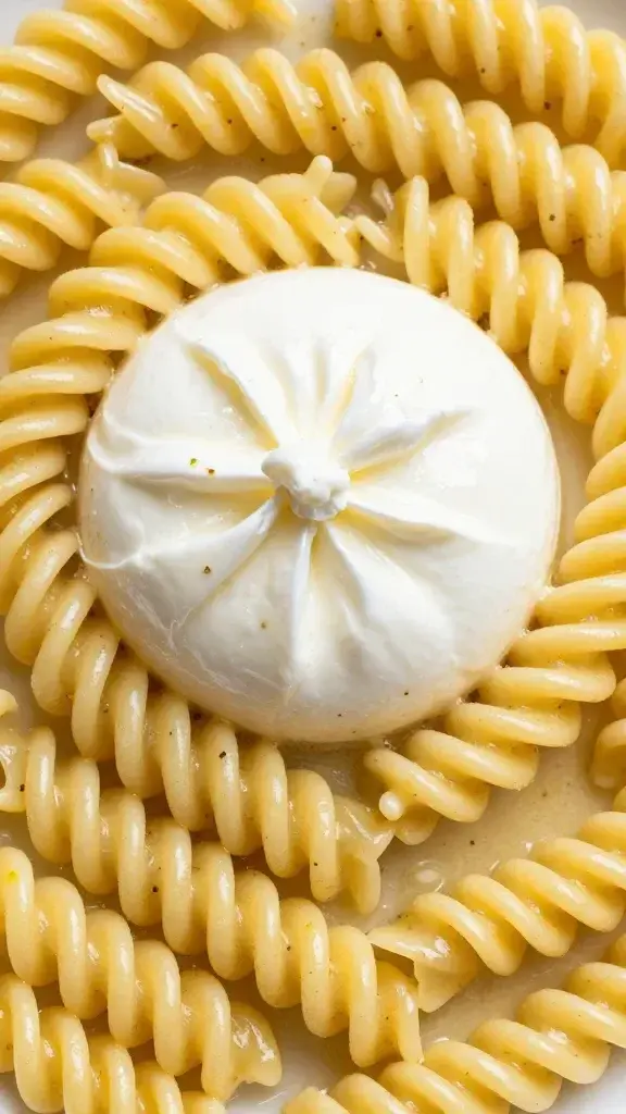 closeup of glossy pasta twirl coated in lemon-garlic sauce with burrata center