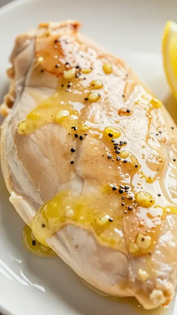 closeup of lemon garlic butter glaze on juicy chicken breast