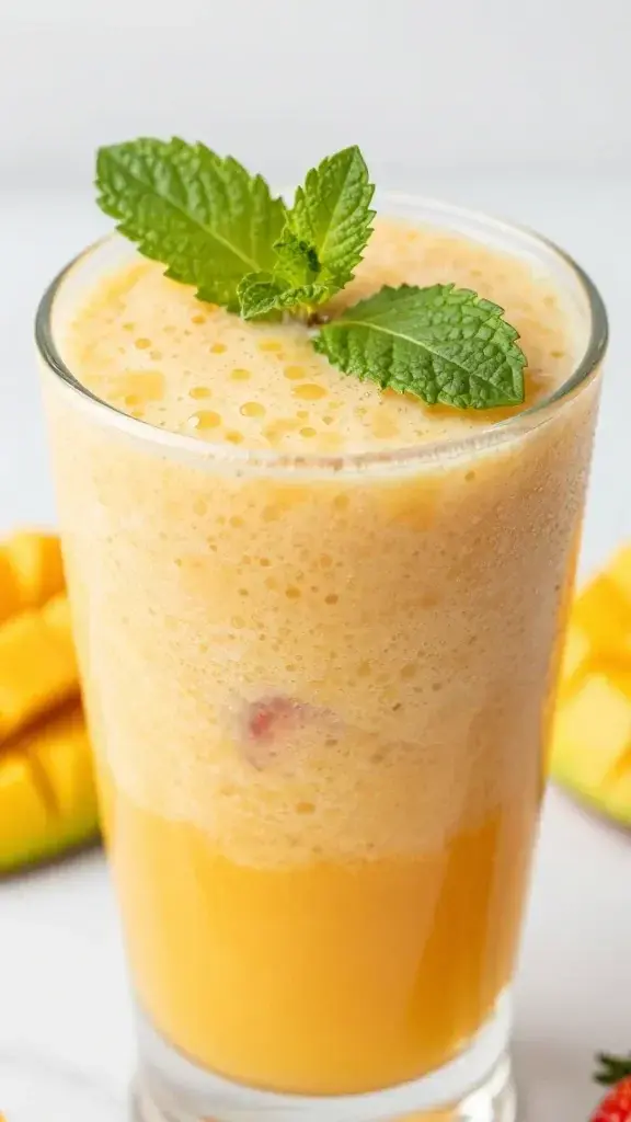 closeup of mango strawberry smoothie in glass with mint leaf