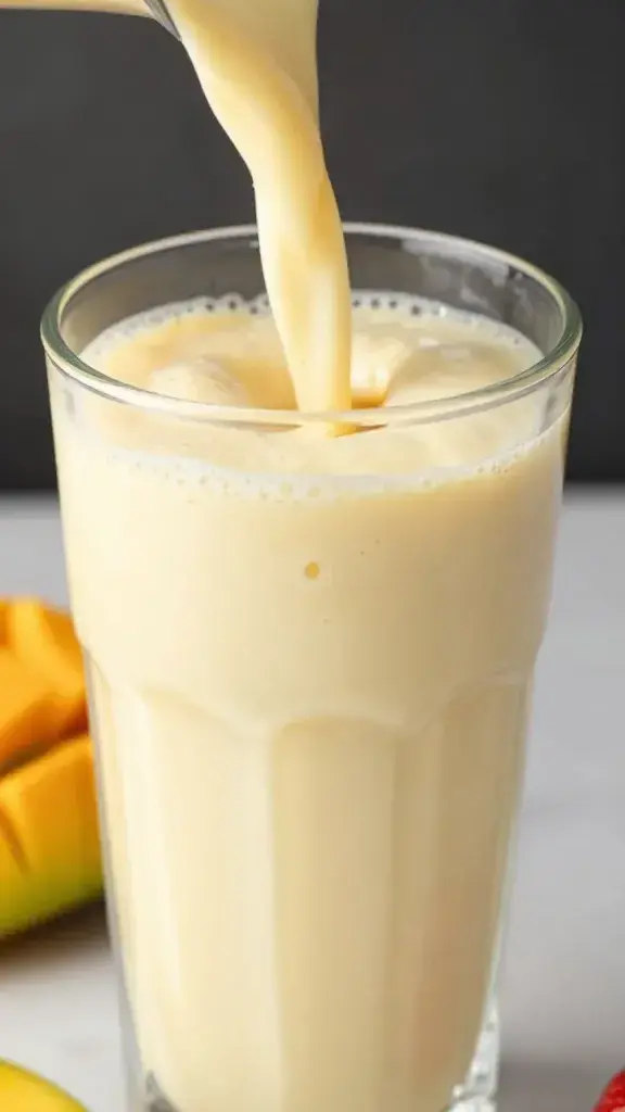 closeup of creamy mango strawberry smoothie pour into clear glass