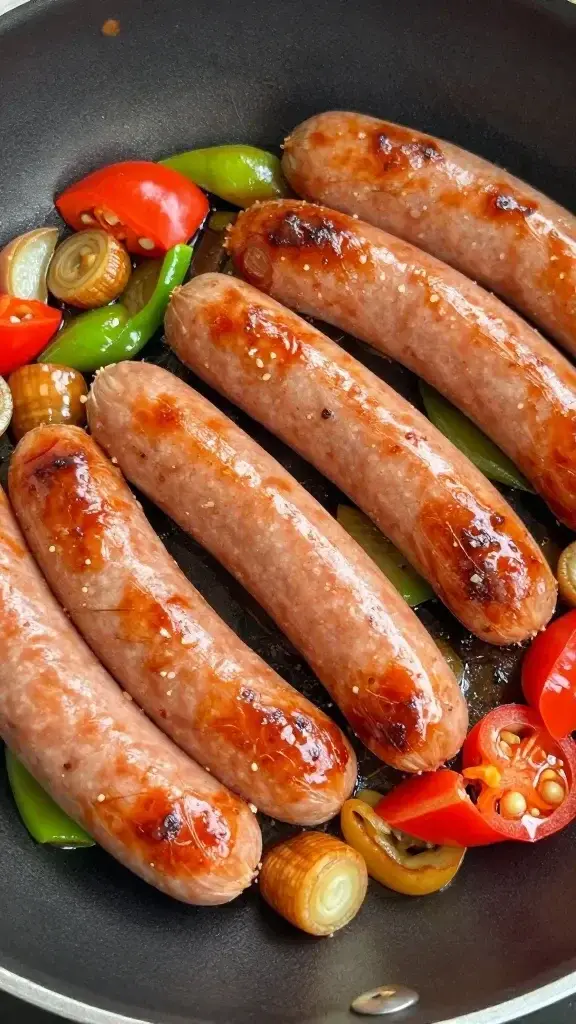 closeup of sautéed spring sausage with vibrant vegetables in skillet