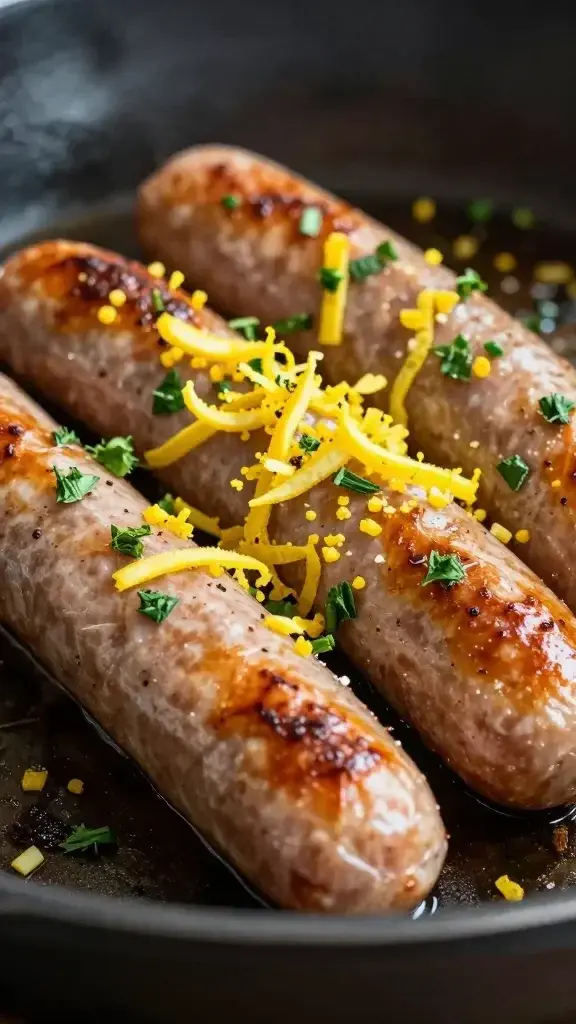 closeup of fresh herbs and lemon zest over sizzling sausage skillet