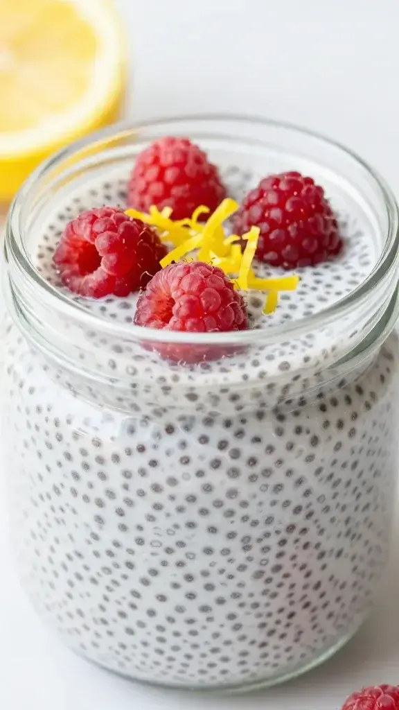 closeup of lemon-raspberry chia pudding in a glass jar with bright lemon zest