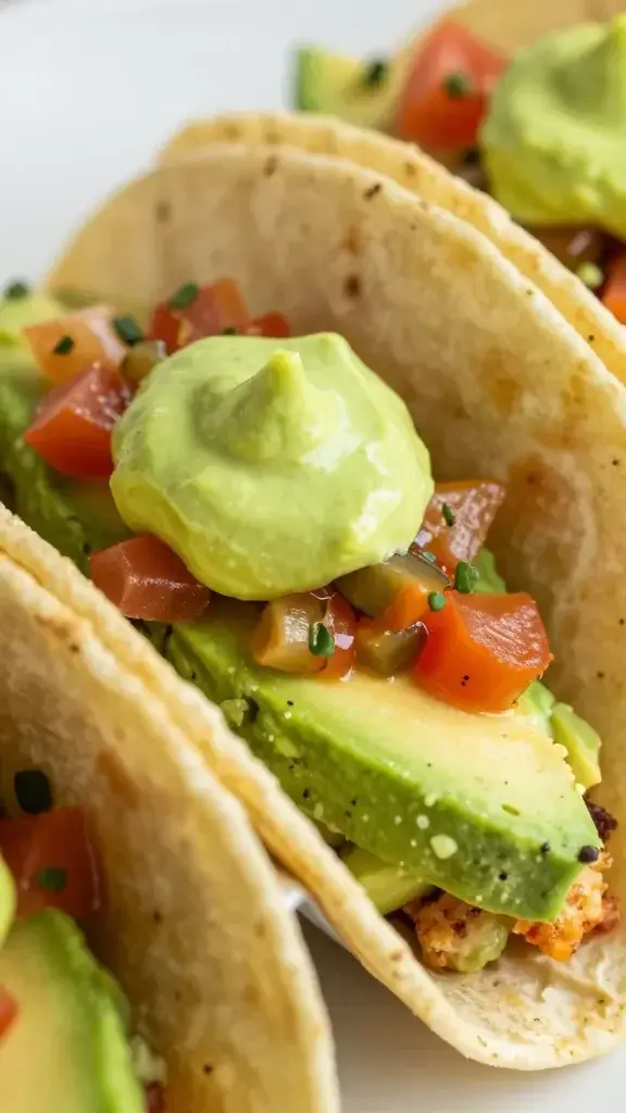 Closeup bright lime salsa dollop atop avocado-tiled breakfast tacos