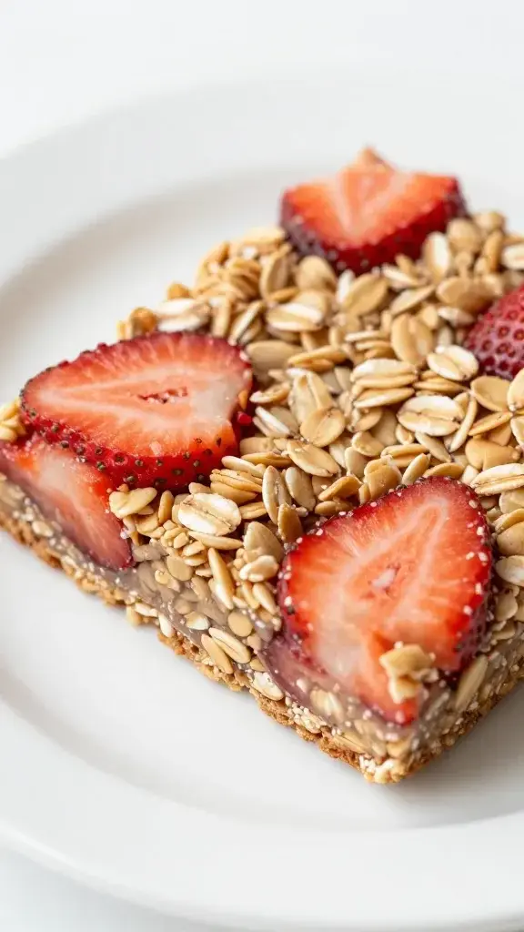 closeup of a strawberry oatmeal spring breakfast bar on a white plate