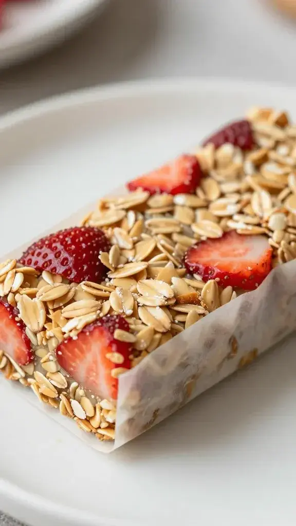 closeup of a single breakfast bar with strawberry bits and oats, wrapped in parchment