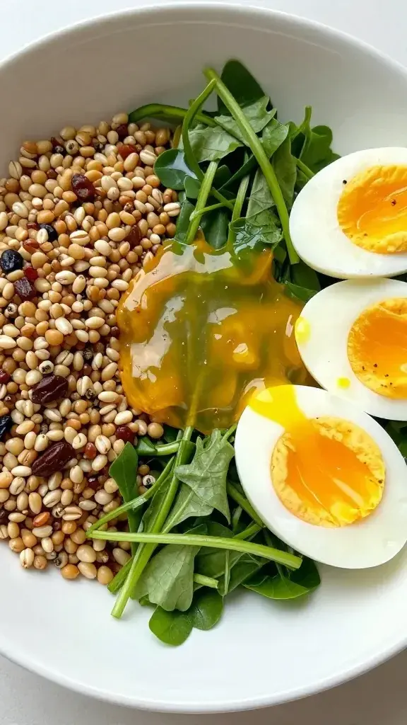 Closeup: spring grain bowl with eggs and greens on plate