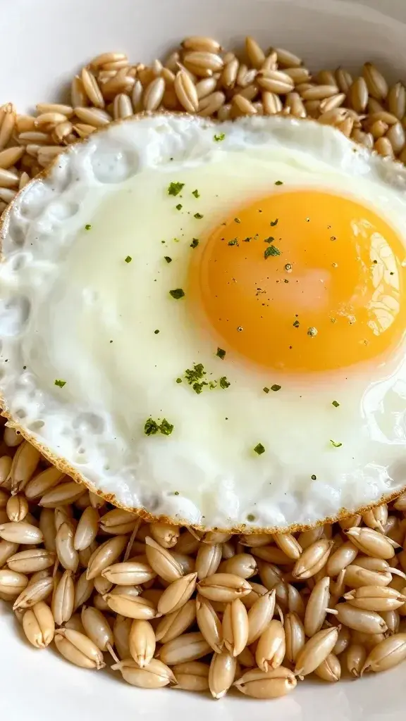 Closeup: fork-torked barley grain bowl with sunny-side eggs lime zest