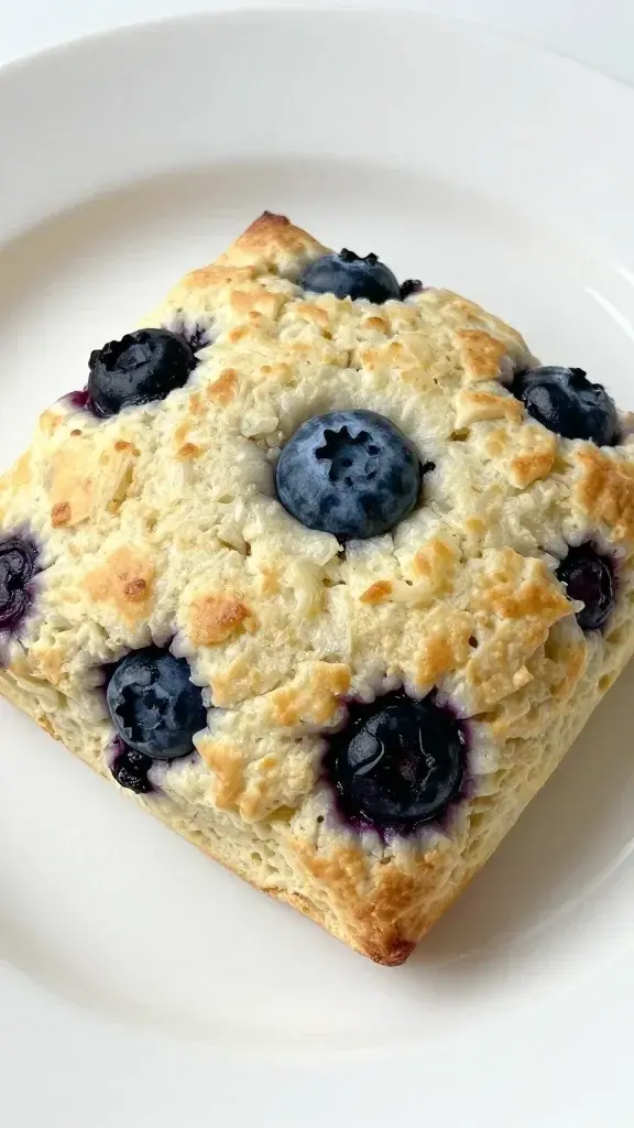 closeup of a blueberry lemon breakfast scone on a white plate