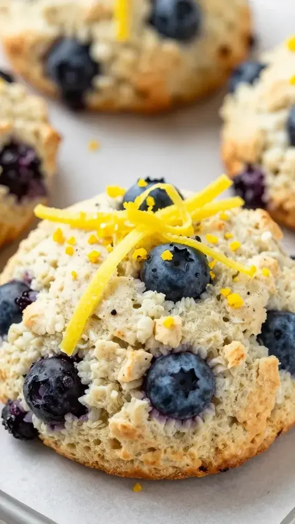 closeup of lemon zest ribbons over a blueberry-studded scone on parchment