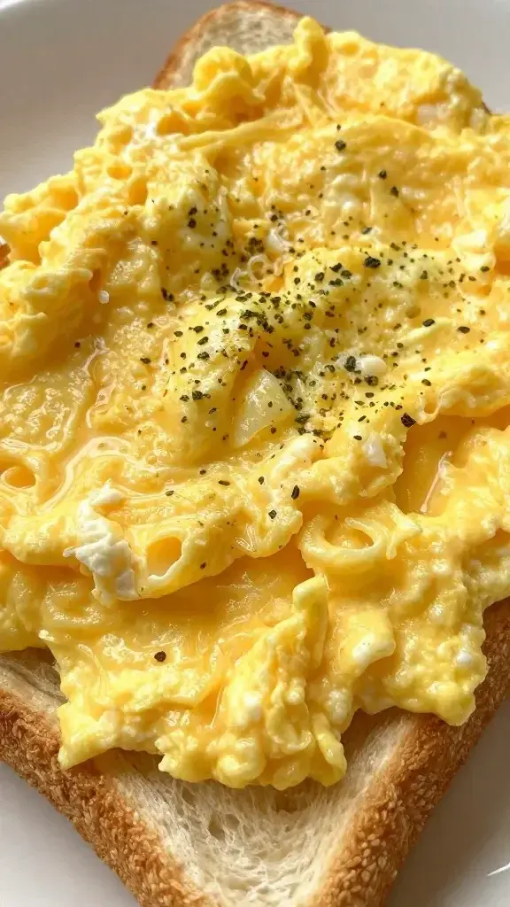 closeup of a sunny, herb-speckled scrambled egg on toast
