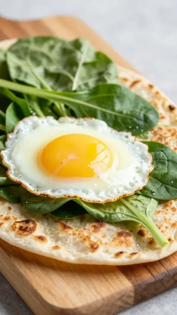 closeup of spring breakfast flatbread with eggs and greens on wooden board
