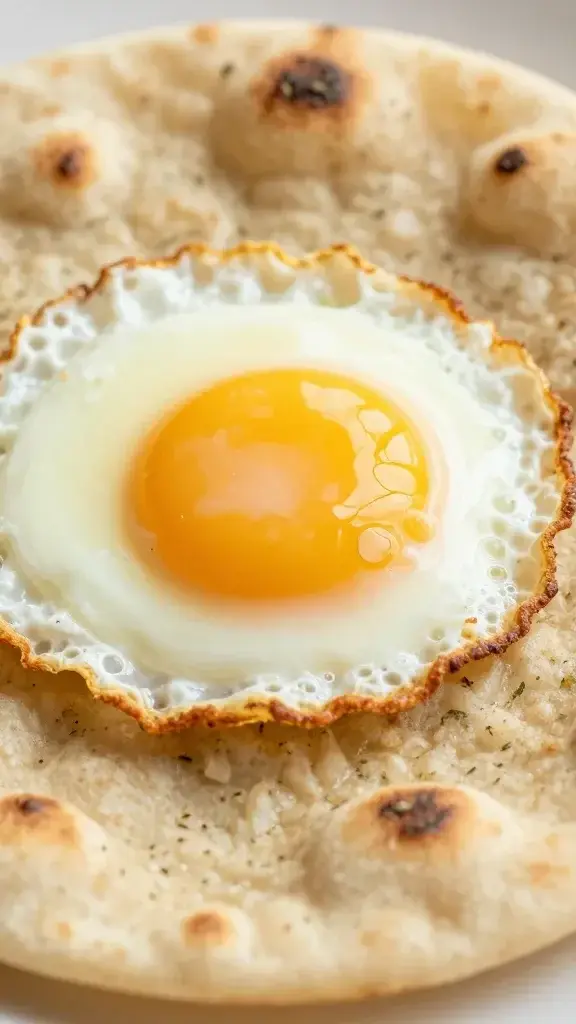 closeup of crispy egg edge atop herb-tlecked flatbread slice