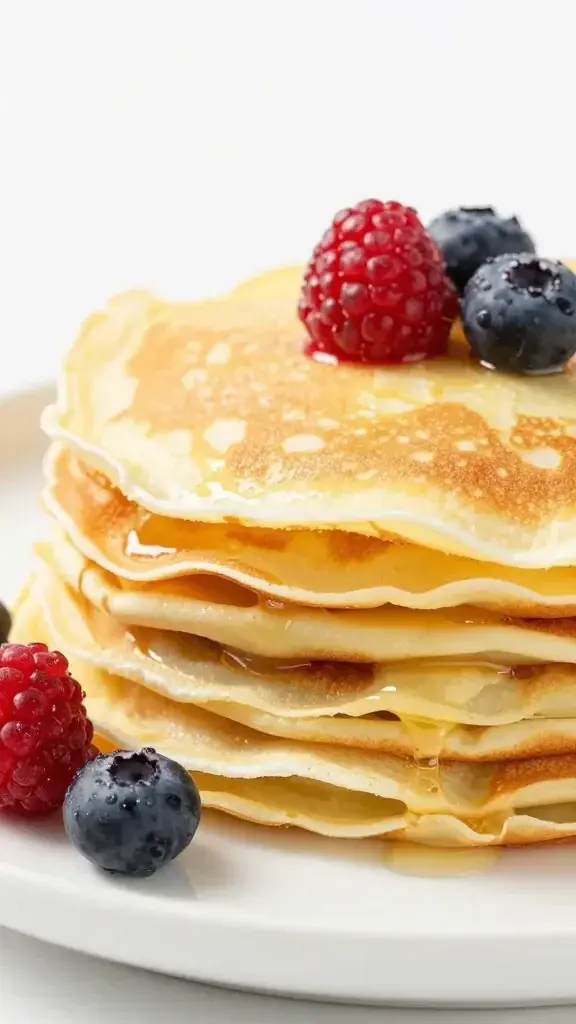 closeup of lemon-zested crepe stack with berry garnish on white plate