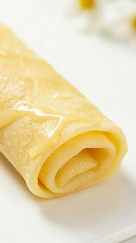 closeup of lemon drizzle coating a single crepe roll, spring light background