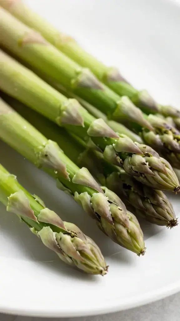 closeup of asparagus tips on white plate, bright morning light