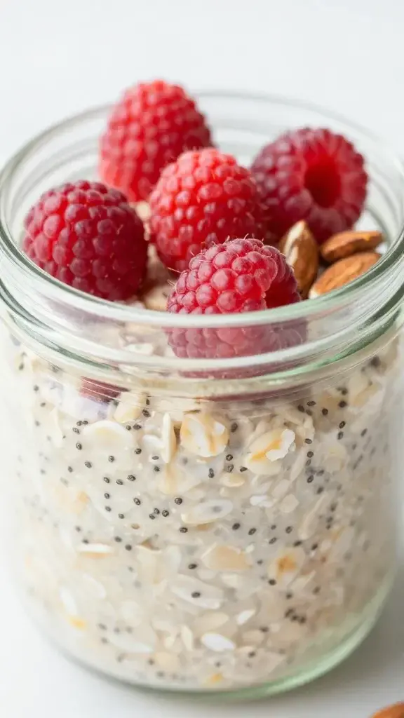 closeup of raspberry almond overnight oats in a glass jar, visible chia seeds, bright morning light