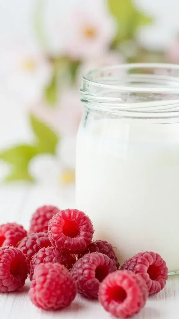 closeup of fresh raspberries beside a jar of almond milk, soft spring backdrop blur